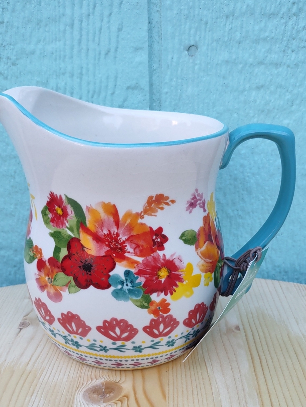 Pioneer Woman Wildflower Whimsy Ceramic Measuring Pitcher with Turquoise Handle